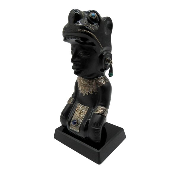 Obsidian Black Stone Sculpture with 925 Silver Accents Taxco Mexico Vintage - Picture 5 of 13